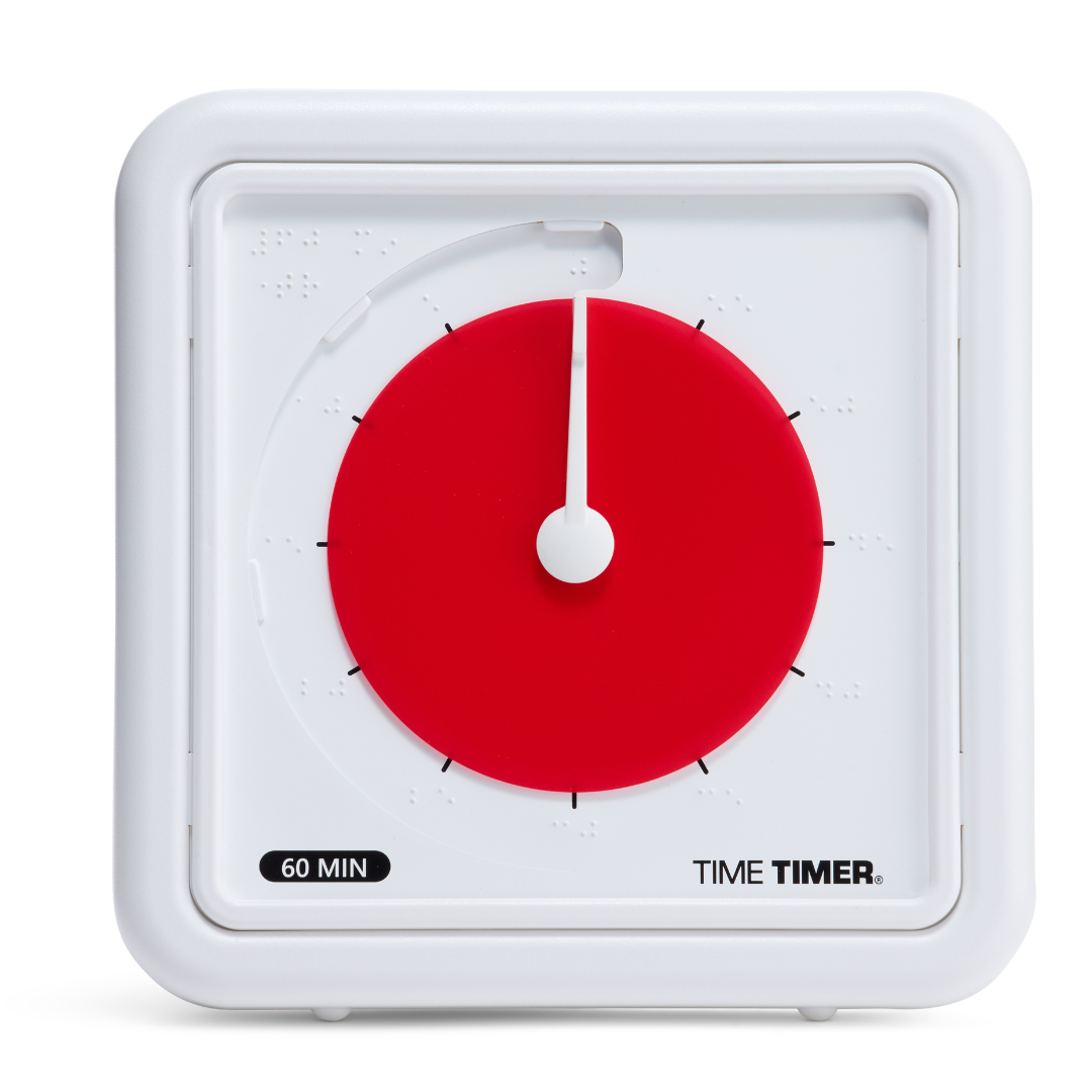 The Time Timer Braille (8 Inch) by Time Timer is a square white tactile timer with a red disk showing 60 minutes left. Black ticks and Braille dot increments mark the edges, labeled "60 MIN" and "TIME TIMER" in the corners—ideal assistive tech.