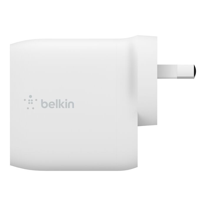 The Belkin 24W Dual USB-A Power Adapter is a white charger with fast charging, a compact rectangular shape, and a three-prong plug, shown from the side on a white background.