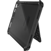 The OtterBox Defender Case for iPad Air 11-inch (M2/M3/M4/4th/5th Gen) features a rugged black design, reinforced corners, textured grip, superior drop protection, and a built-in kickstand for landscape viewing.