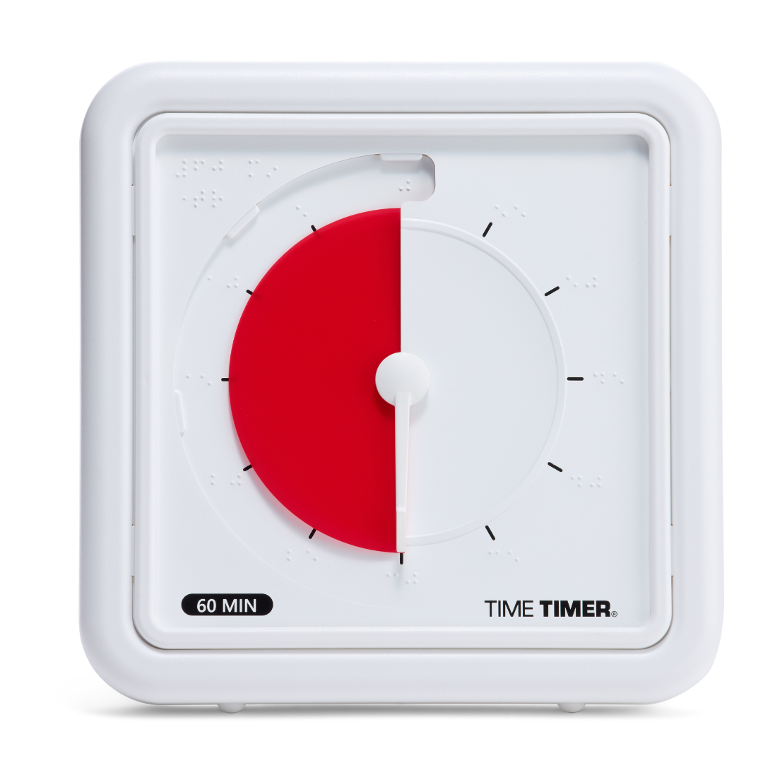 The Time Timer Braille (8 Inch) by Time Timer shows 30 minutes left with a red disk on the left, black tick marks every five minutes, braille markings, and labels reading “60 MIN” and “TIME TIMER.”.