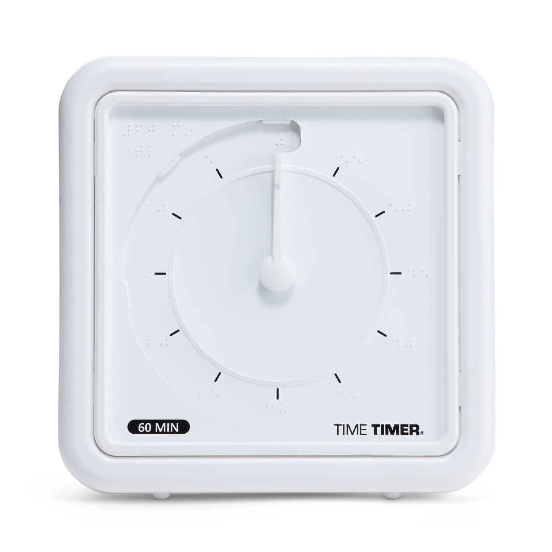 The Time Timer Braille (8 Inch) [Black Disk] by Time Timer is a white, square tactile timer labeled 60 MIN with black minute markings, raised details, and a single hand—an accessible assistive device for easy time tracking.