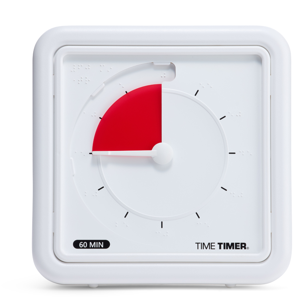 The Time Timer Braille (8 Inch) [Red Disk] is a white square tactile braille timer by Time Timer with black minute markings, a red disk showing 15 of 60 minutes left, and designed as an assistive technology timer.