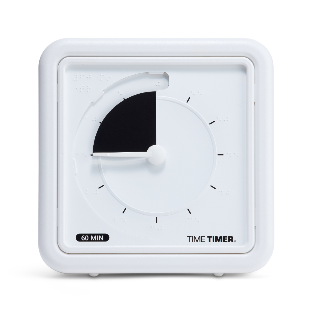 The Time Timer Braille (8 Inch) by Time Timer is a white, square tactile timer with a black disk showing about 15 minutes left. It features tactile markings and "TIME TIMER" at the bottom right—perfect as assistive technology.