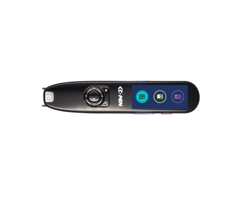The C-PEN Reader 3 is a black handheld reading pen for dyslexia with a small color display showing three icons, navigation buttons below, and “C-PEN” branding, offering vocabulary building and text-to-speech support.