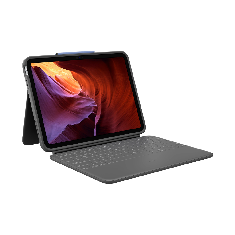 An iPad (A16/10th/11th Gen) in a Logitech Rugged Folio Keyboard Case with built-in stand, displaying an abstract red-orange canyon image, shown on a white background; features Logitech’s military-grade protection.