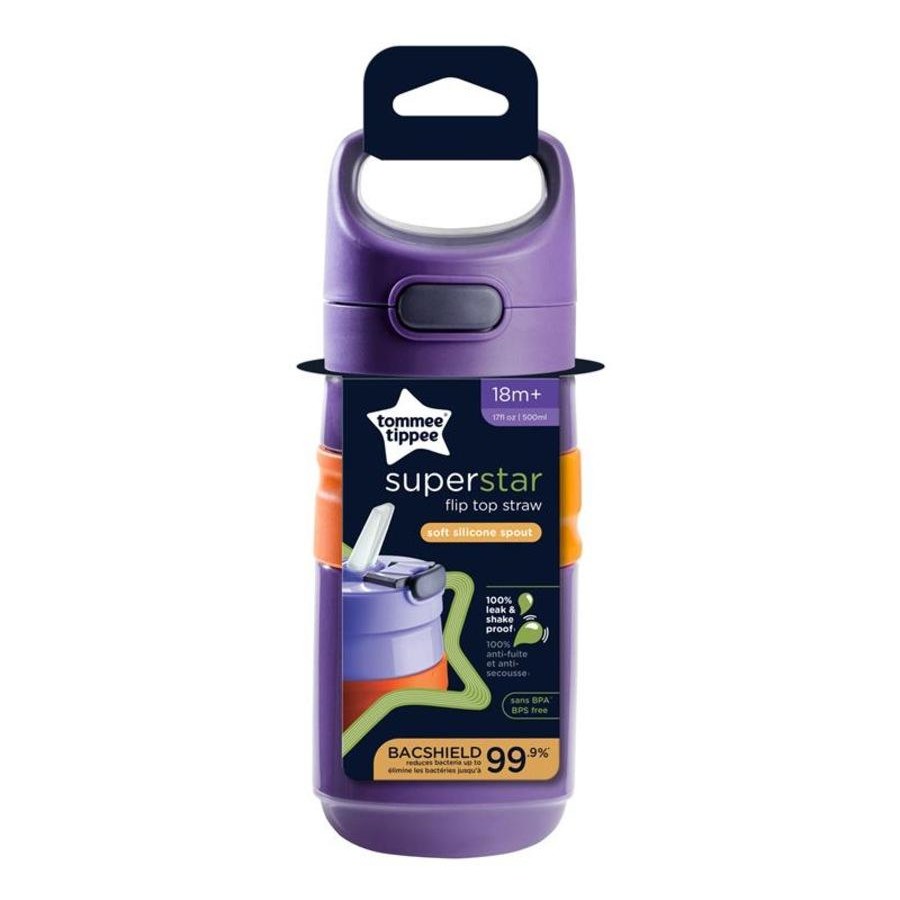The purple Tommee Tippee Flip Top Sportee Cup 500mL, suitable for children 18 months+, features a soft silicone spout and Bacshield for 99.9% bacteria reduction.