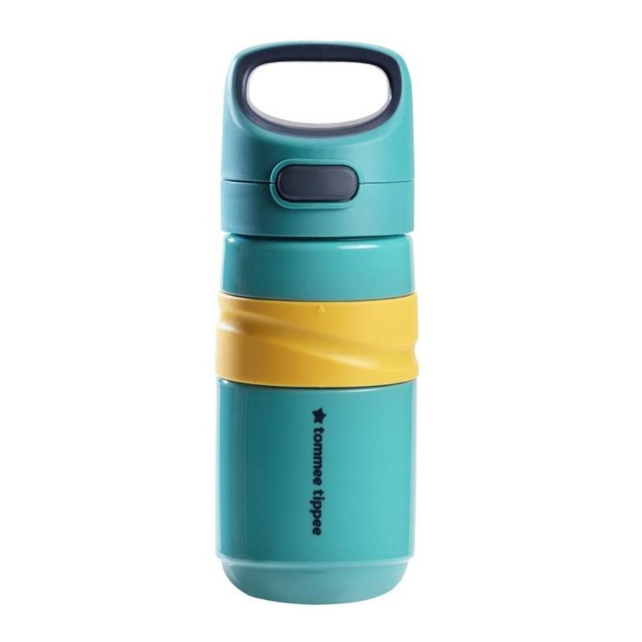 A turquoise and yellow Tommee Tippee Flip Top Sportee Cup 500mL with a flip-top lid and built-in handle, shown upright on a white background.
