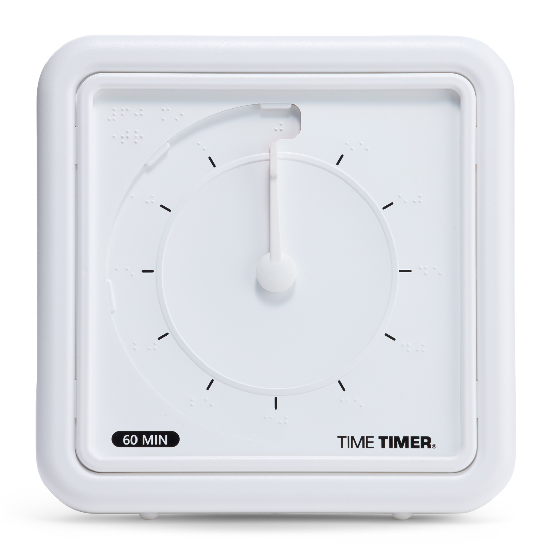 The Time Timer Braille (8 Inch) [Red Disk] by Time Timer is a white, square assistive technology timer with a Braille label and circular 60-minute dial. The red disk shows zero minutes left, making it ideal for accessibility needs.