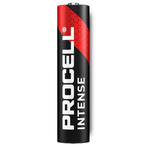 A 4-pack of Assistive Tech Spare Part - Procell Intense Alkaline Battery AAA 1.5V features black bodies, red accents, and "PROCELL INTENSE" printed vertically in white for long-lasting performance.
