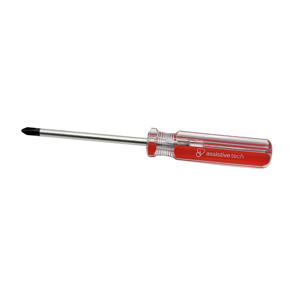The Precision PH1 Philips Screwdriver by Assistive Tech, featuring a transparent red handle and black-tipped silver shaft, is designed as an accessory tool for GoNow iPad cases and shown isolated on a white background.