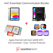 The Assistive Tech AAC Essentials Communication Bundle includes an 11th Gen iPad A16 (128GB), Strike Case, AAC Essentials App Bundle with featured icons, a screen protector, and features the Assistive Tech logo at the bottom.