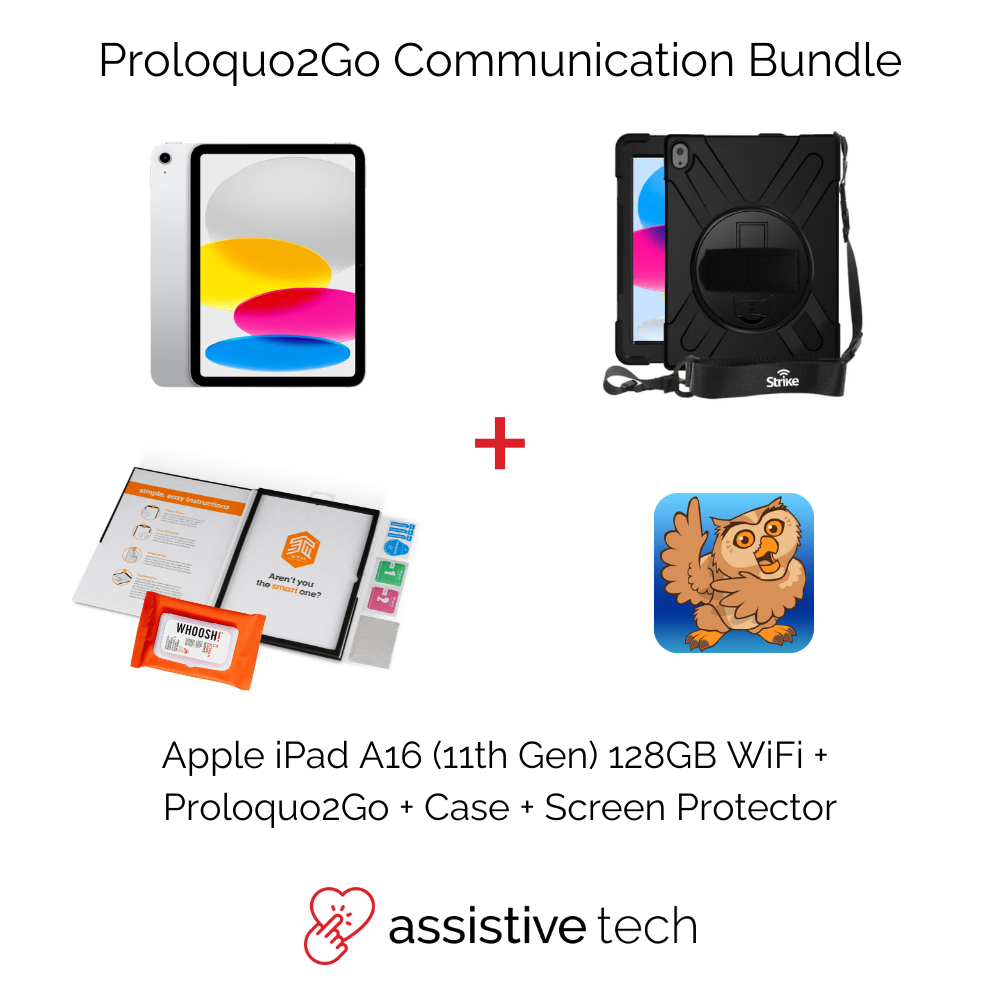 The Assistive Tech Proloquo2Go AAC Communication Bundle includes an iPad A16 11th Gen/128GB, Strike Case, and Proloquo2Go App for effective AAC communication.