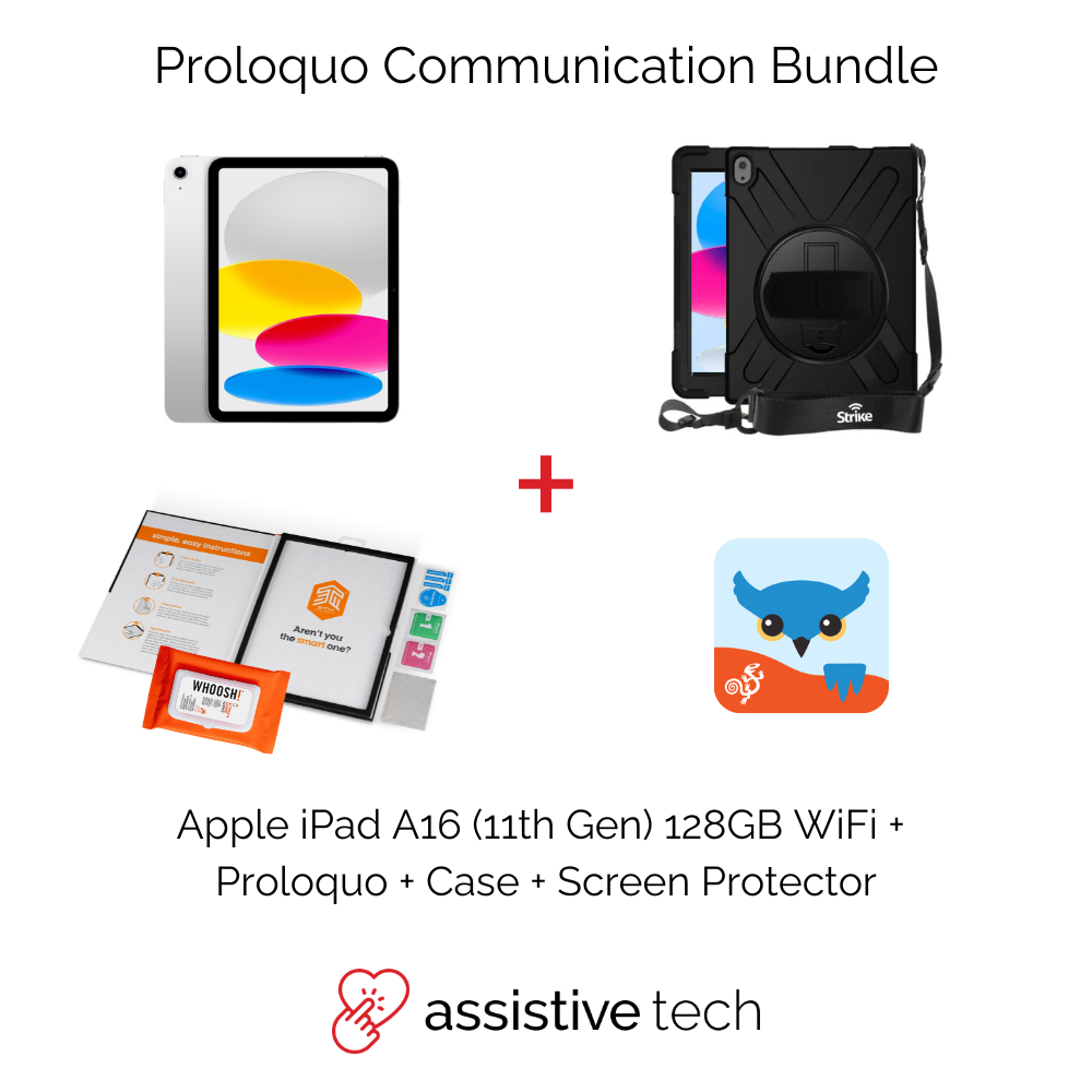 The Proloquo 3 Year AAC Communication Bundle by Assistive Tech includes an iPad A16 (11th Gen, 128GB), Strike case, screen protector, cleaning kit, and Proloquo app—plus product images and the Assistive Tech logo for a full AAC solution.