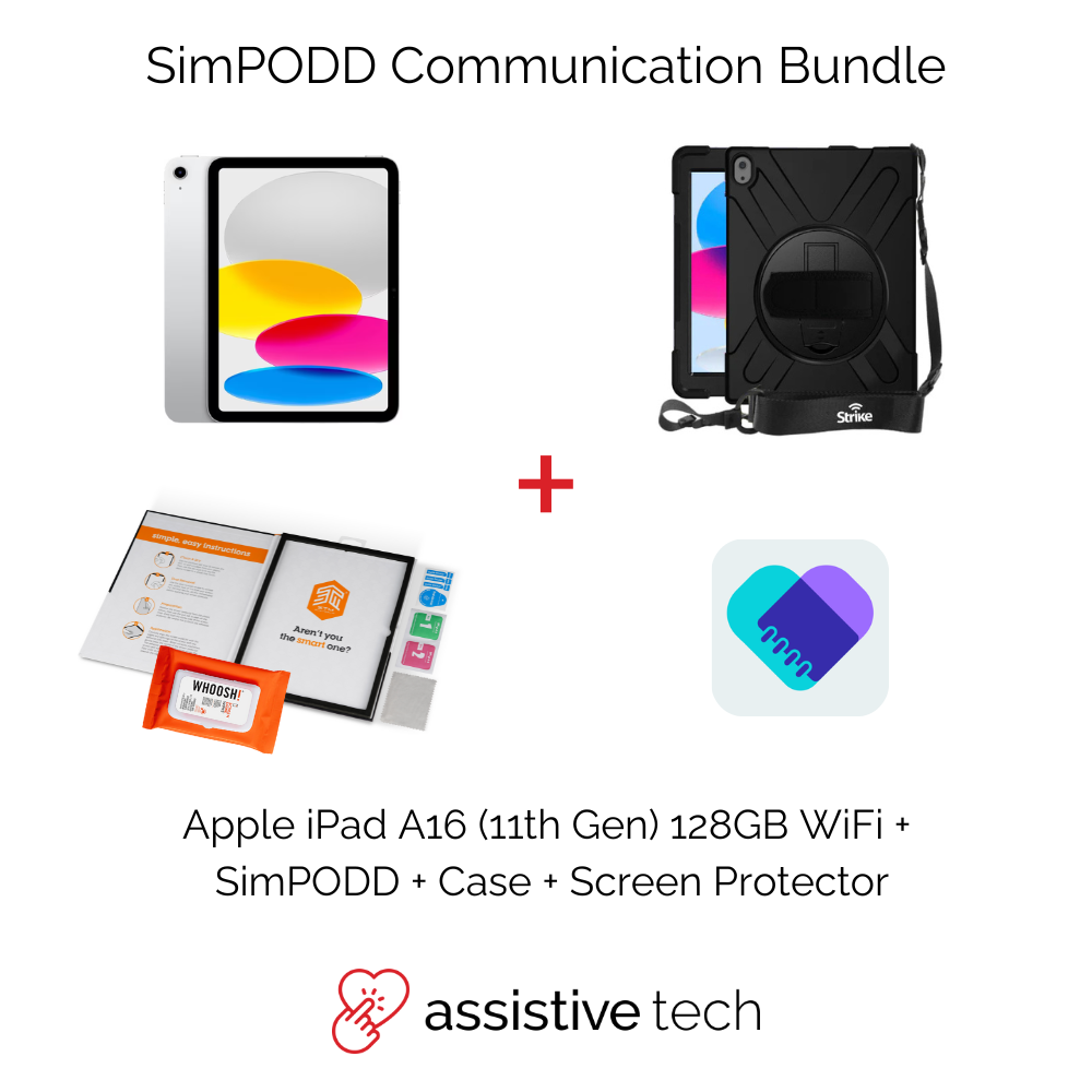 The SimPODD 2 Year AAC Communication Bundle by Assistive Tech includes an iPad A16 11th Gen (128GB), Strike Case, screen protector, SimPODD materials, AAC Cleaning Kit, and SimPODD app logo.