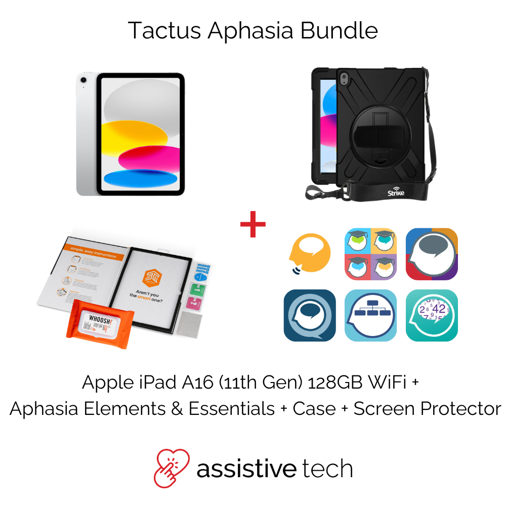 The Tactus Aphasia & Apraxia Bundle (iPad A16 11th Gen/128GB + Strike Case) by Assistive Tech includes an aphasia app, essentials, case, screen protector, product icons, and the Assistive Tech logo for complete communication support.