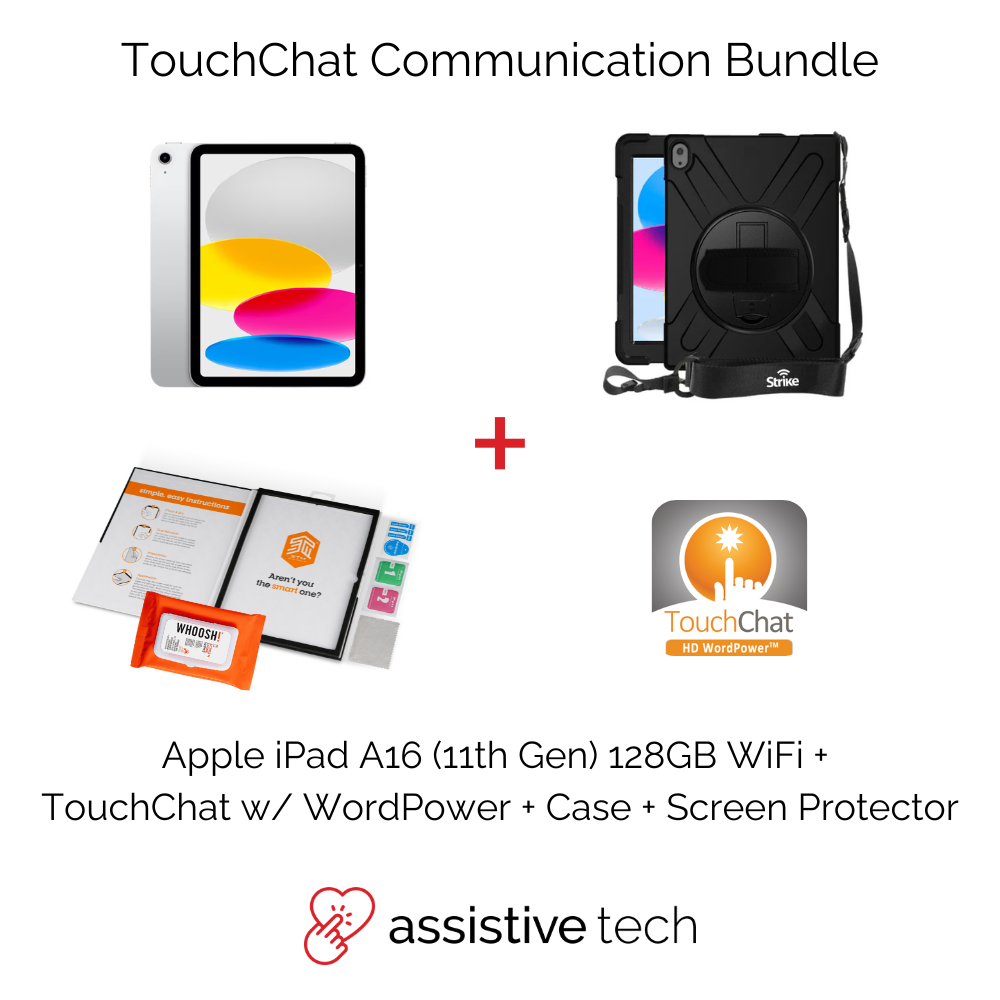 The Assistive Tech TouchChat HD + WP AAC Communication Bundle includes an iPad A16 (11th Gen, 128GB), Strike Case, TouchChat app, screen protector, WordPower card, and more—your all-in-one AAC iPad solution.