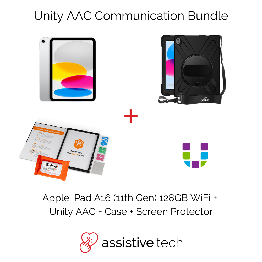 An Assistive Tech Unity AAC Communication Bundle is shown: iPad 11th Gen (A16) 128GB, Strike rugged case in black, screen protector kit, and included Unity AAC app.