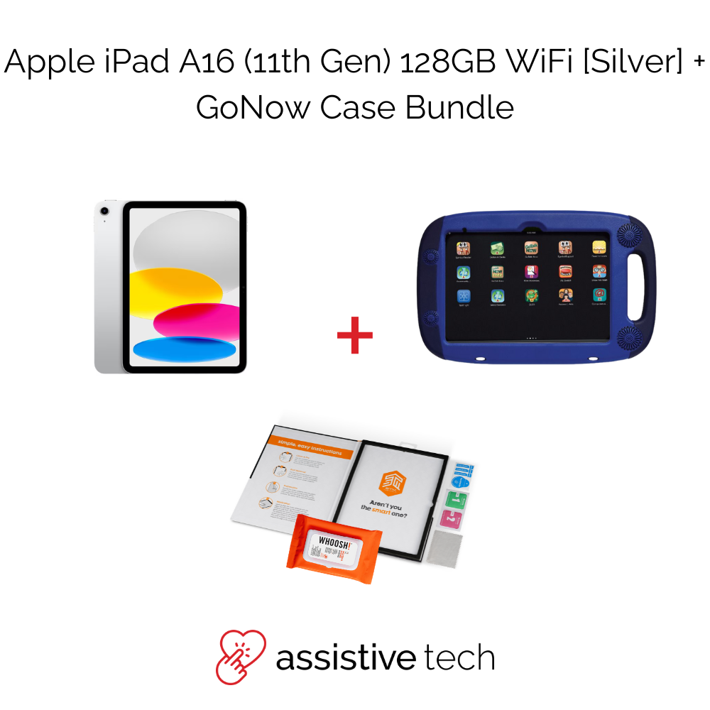 Image shows the Apple iPad A16 (11th Gen)/128GB with screen on, in a blue GoNow Case, by Assistive Tech. Products are side by side with a plus sign. NDIS eligible. Assistive Tech logo shown below.