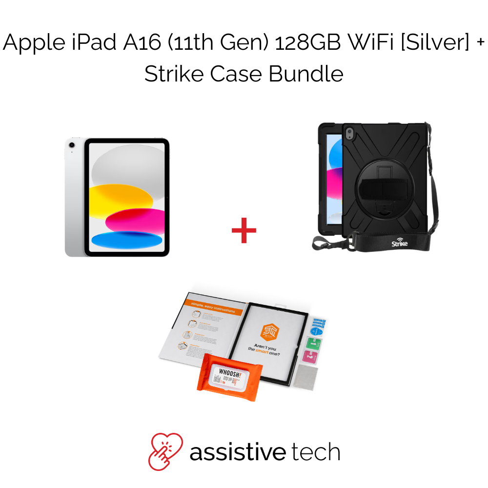 Image shows Assistive Tech Apple iPad A16 (11th Gen)/128GB + Strike Case bundle in silver. Text: NDIS eligible Assistive Tech Bundle with logo below.