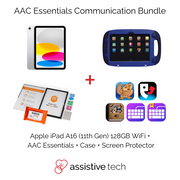 The AAC Essentials Rugged Communication Bundle by Assistive Tech includes an iPad A16 11th Gen/128GB, GoNow Case, communication app icons, screen protector, accessories, all labeled and featuring the Assistive Tech logo at the bottom.