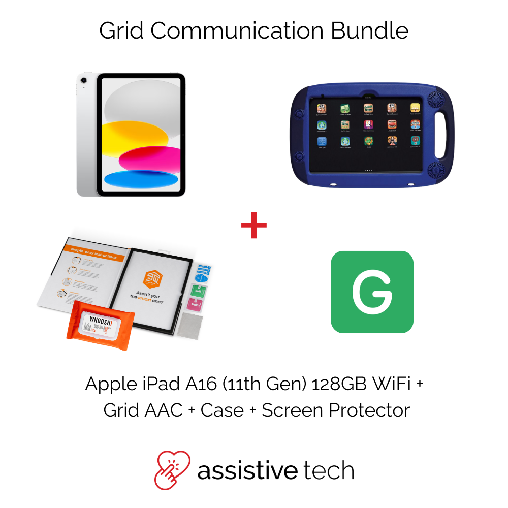 The Assistive Tech Grid AAC Rugged Communication Bundle includes an iPad A16 (11th Gen, 128GB), GoNow case, screen protector, and AAC app—ideal for speech therapy. Features the Assistive Tech logo at the bottom.