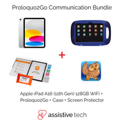 Image displaying the Proloquo2Go AAC Rugged Communication Bundle by Assistive Tech: includes an iPad A16 11th Gen (128GB), GoNow case, screen protector kit, and Proloquo2Go owl logo.