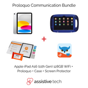 Image displays the Proloquo 3 Year AAC Rugged Communication Bundle (iPad A16 11th Gen/128GB in a GoNow blue case), featuring the Proloquo App, screen protector kit, AAC Cleaning Kit, and Assistive Tech logo at the bottom.