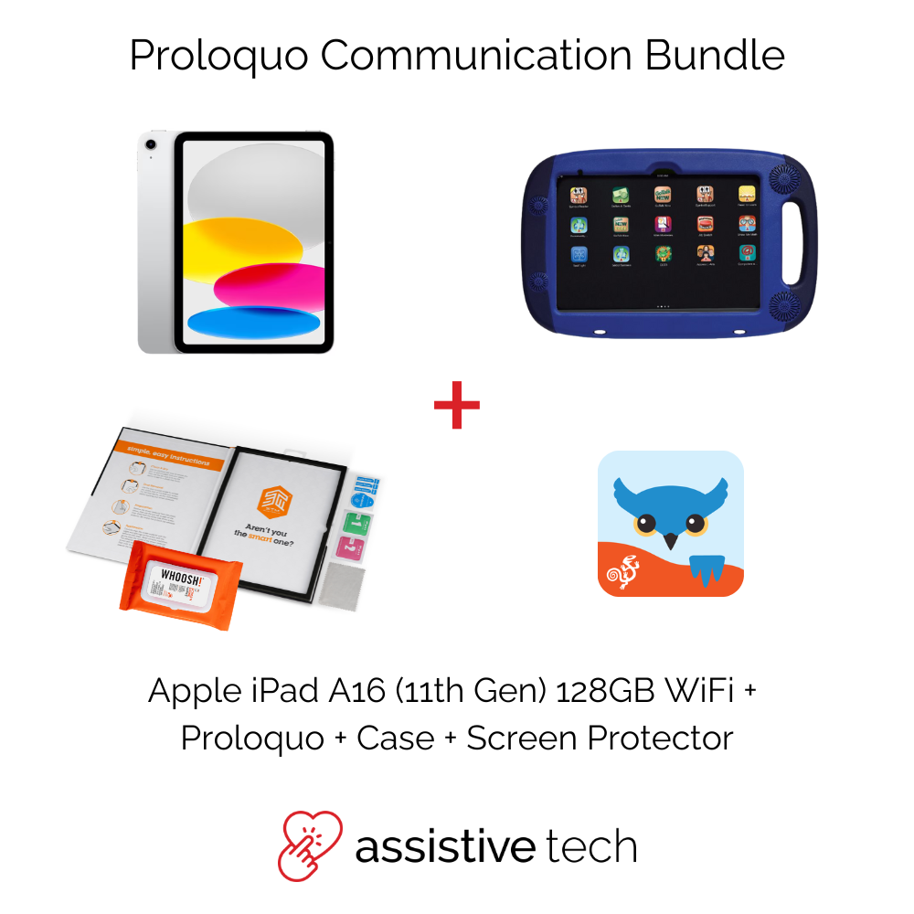 Image displays the Proloquo 3 Year AAC Rugged Communication Bundle (iPad A16 11th Gen/128GB in a GoNow blue case), featuring the Proloquo App, screen protector kit, AAC Cleaning Kit, and Assistive Tech logo at the bottom.