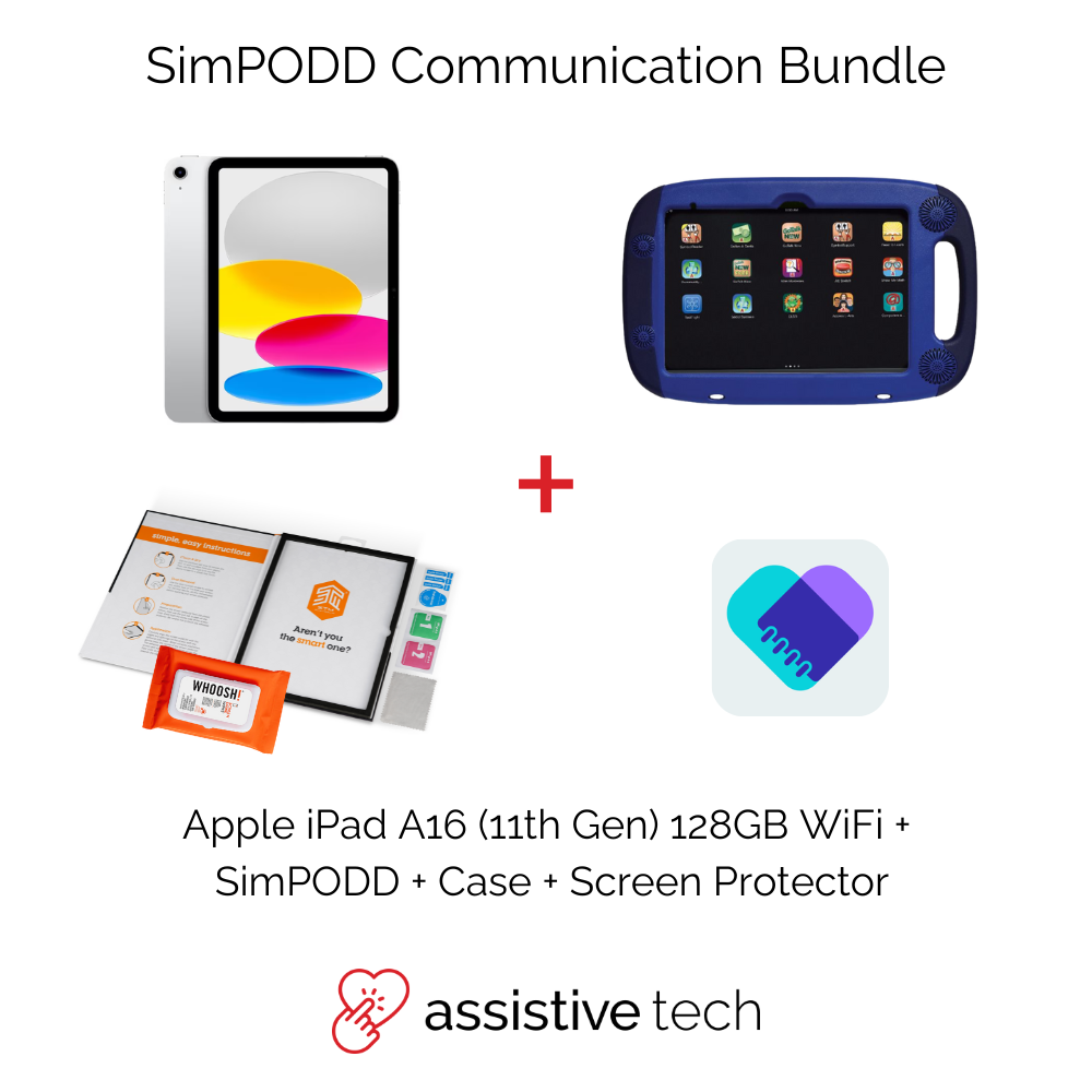 The Assistive Tech SimPODD 2 Year AAC Rugged Communication Bundle includes an iPad A16 11th Gen (128GB), blue GoNow case, SimPODD App card, AAC cleaning kit, screen protector kit, and app icon—everything needed for communication support.