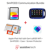 The Assistive Tech SimPODD 2 Year AAC Rugged Communication Bundle includes an iPad A16 11th Gen (128GB), blue GoNow case, SimPODD App card, AAC cleaning kit, screen protector kit, and app icon—everything needed for communication support.