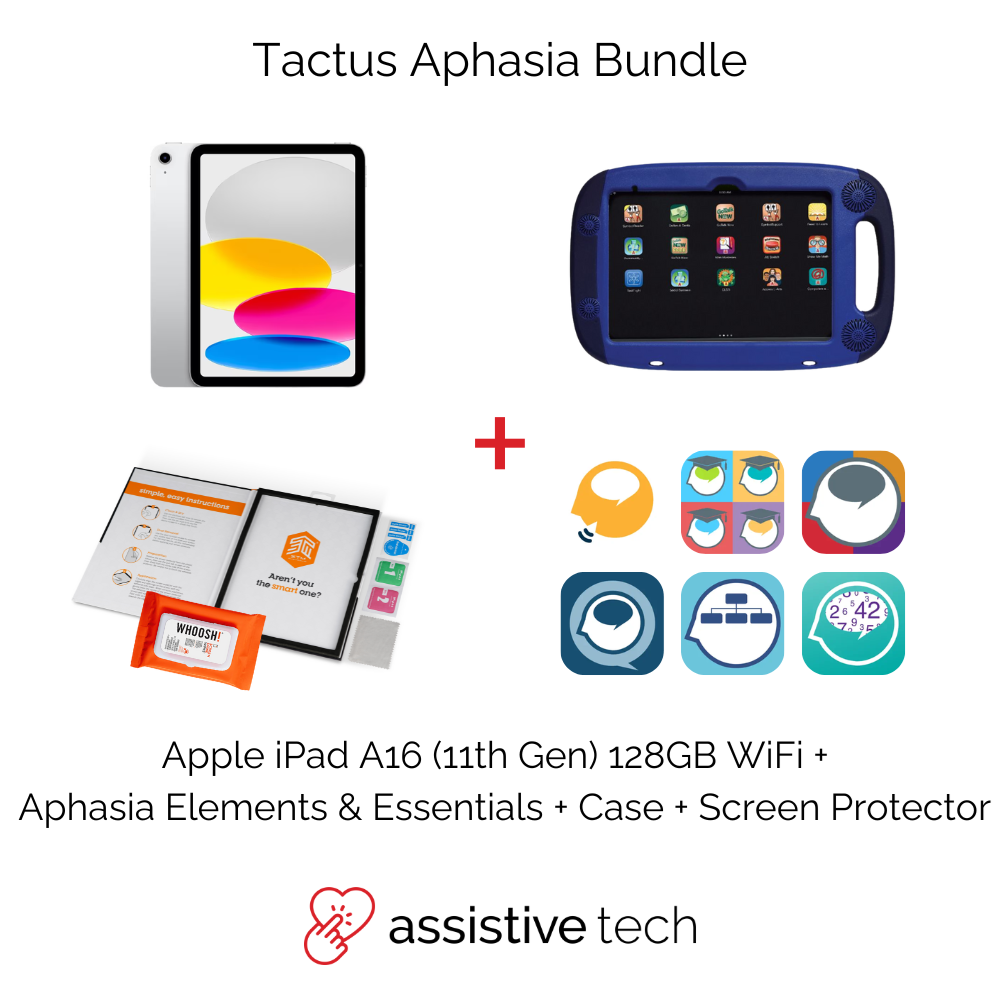 The Assistive Tech Tactus Aphasia & Apraxia Bundle includes an iPad A16 11th Gen (128GB), GoNow case, aphasia therapy materials, screen protector, and app icons—designed to support communication needs.