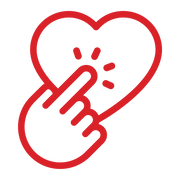 A red outline of a hand with the index finger pressing the center of a heart, highlighted by three short lines, representing Assistive Tech's App Store Processing Fee.
