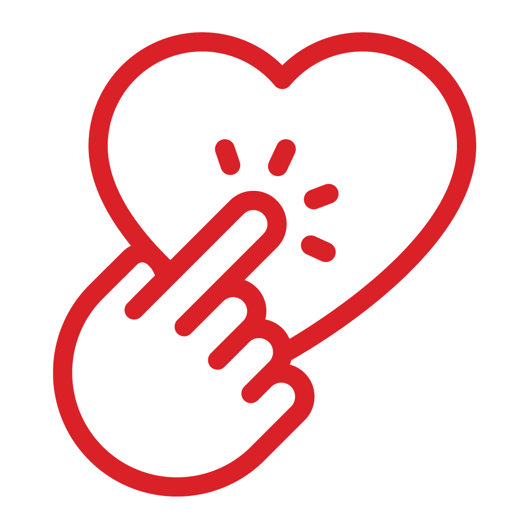 A red outline of a hand with the index finger pressing the center of a heart, highlighted by three short lines, representing Assistive Tech's App Store Processing Fee.