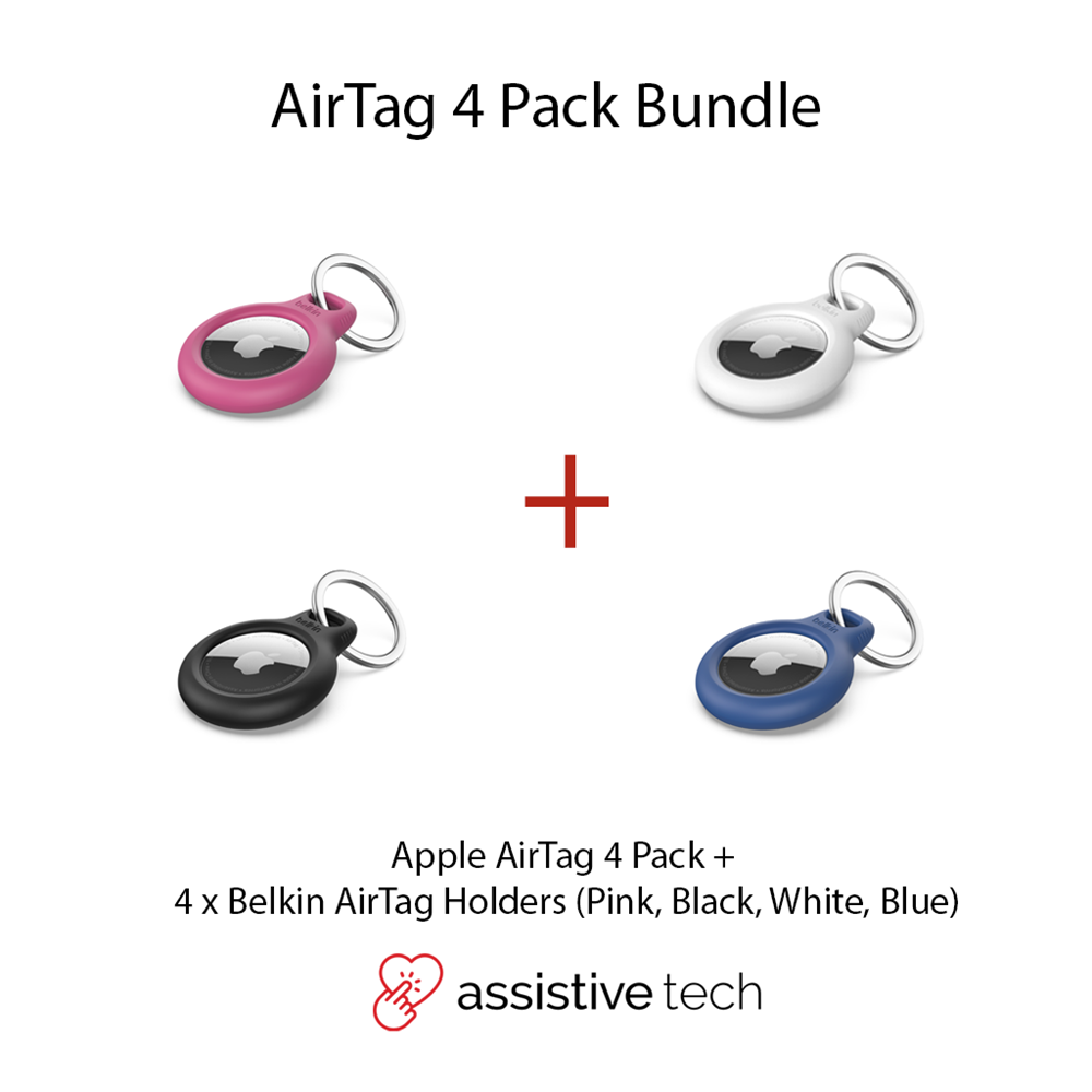 Image displays four Apple AirTag (2nd Gen) devices in pink, white, black, and blue Secure Holders by Assistive Tech arranged in a square. Text: Apple AirTag 4 Pack with Secure Holder Bundle—Find My network ready.