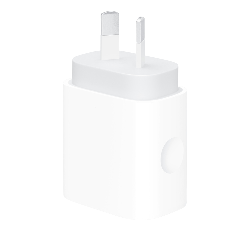 The Apple 20W USB-C Power Adapter is a white rectangular wall plug with two metal prongs and a smooth finish, featuring a small side indent. Ideal for fast charging your devices.