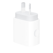 The Apple 20W USB-C Power Adapter is a white rectangular wall plug with two metal prongs and a smooth finish, featuring a small side indent. Ideal for fast charging your devices.