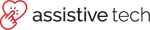 Logo for assistive tech with a red outline of a heart formed by two hands touching, followed by the text “assistive tech” in black lowercase letters on a light background.