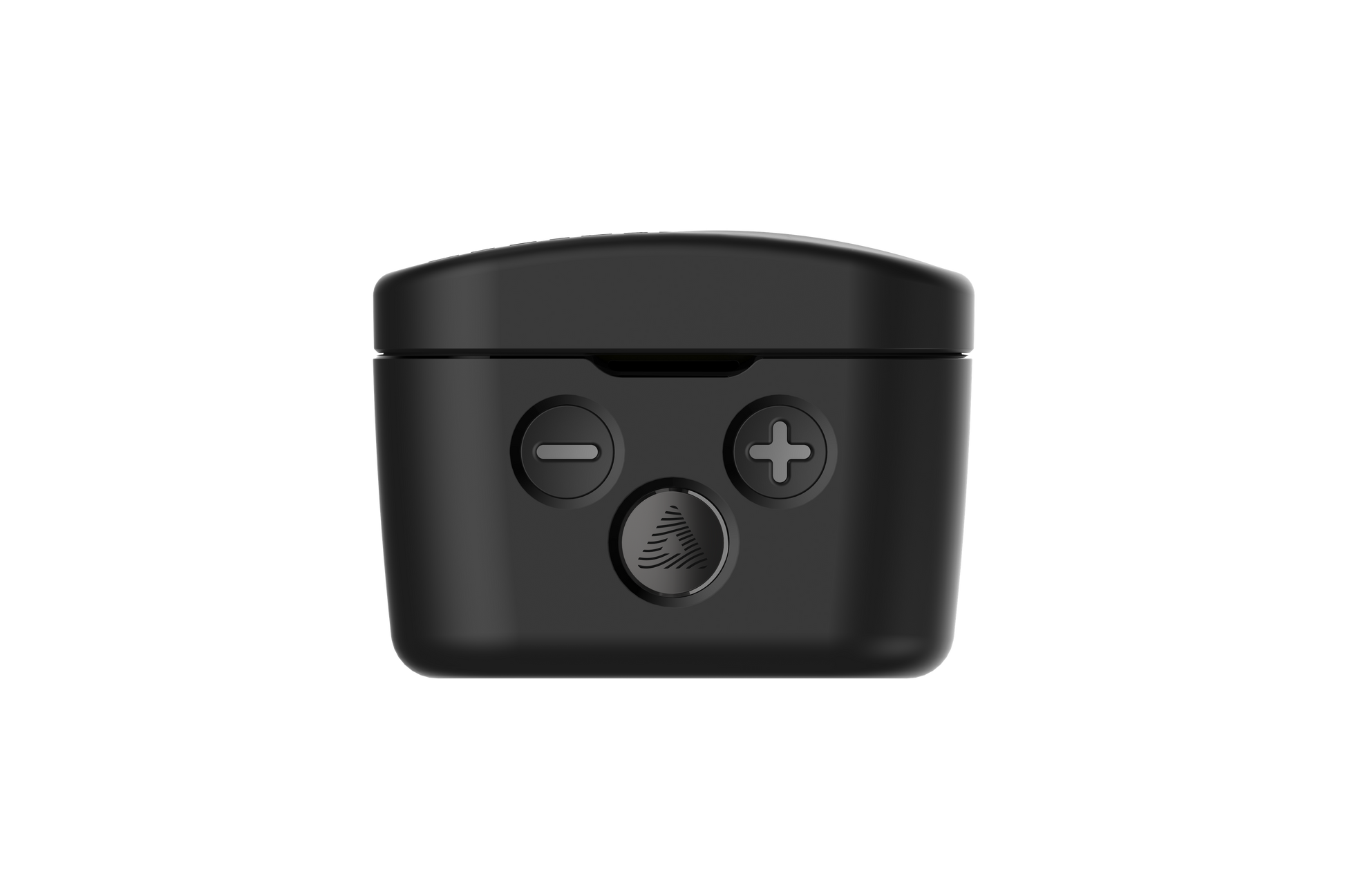 The Audeara Buds Noise Cancelling Aid (In-Ear) by Audeara is a sleek black electronic listening device with minus, plus, and a central leaf-icon button on the front lid, designed for personalised hearing and shown against a plain white background.