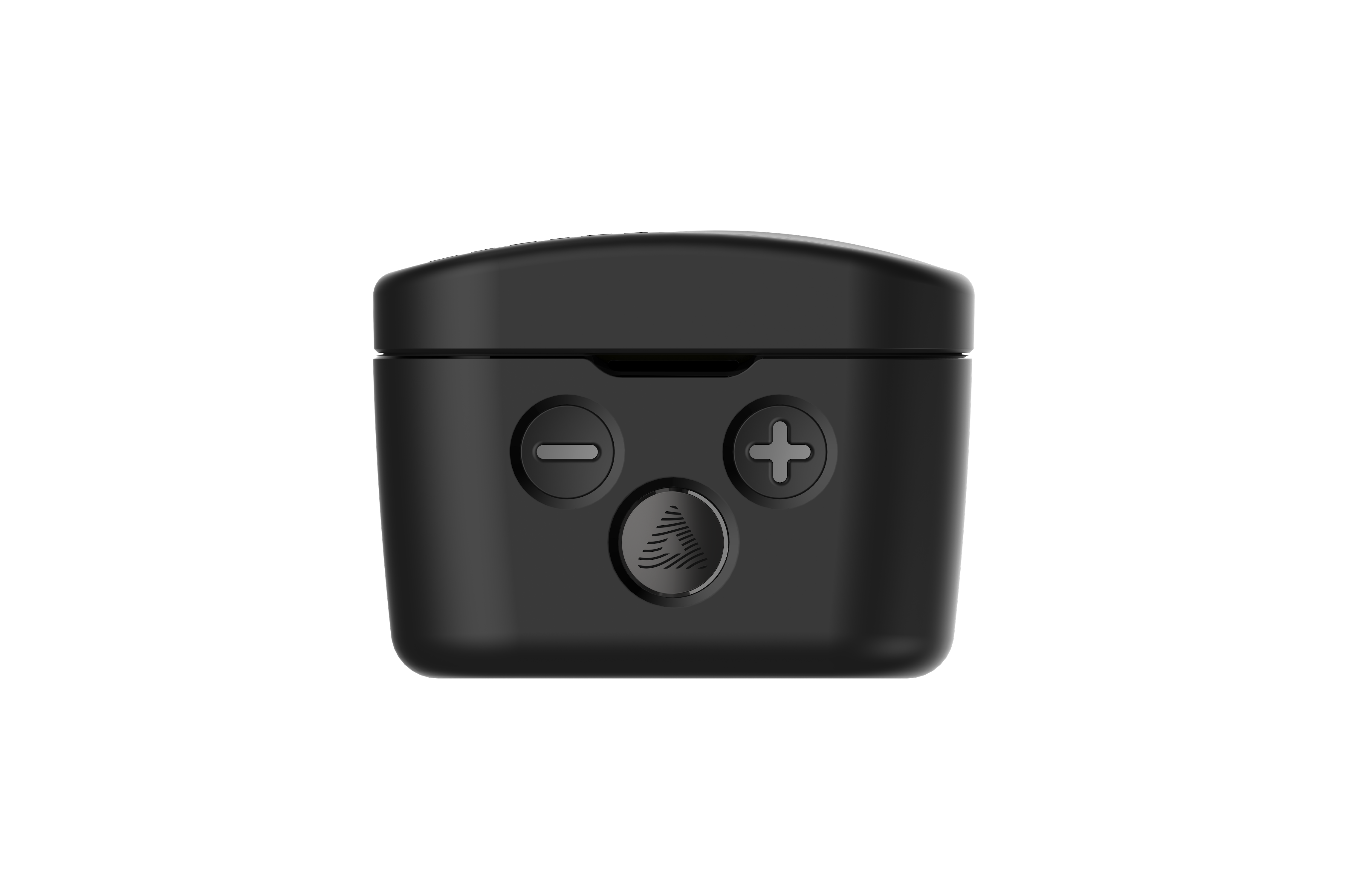The Audeara Buds Noise Cancelling Aid (In-Ear) by Audeara is a sleek black electronic listening device with minus, plus, and a central leaf-icon button on the front lid, designed for personalised hearing and shown against a plain white background.