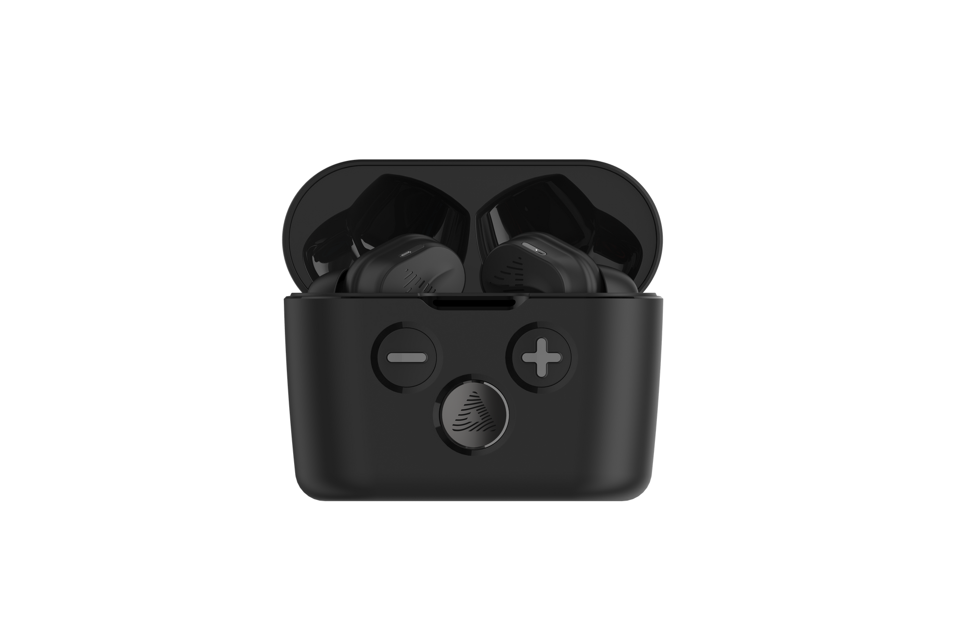 A pair of black Audeara Buds Noise Cancelling Aid (In-Ear) from Audeara sit in an open charging case with plus and minus buttons and a fingerprint-like logo, highlighting their personalised hearing experience against a white background.