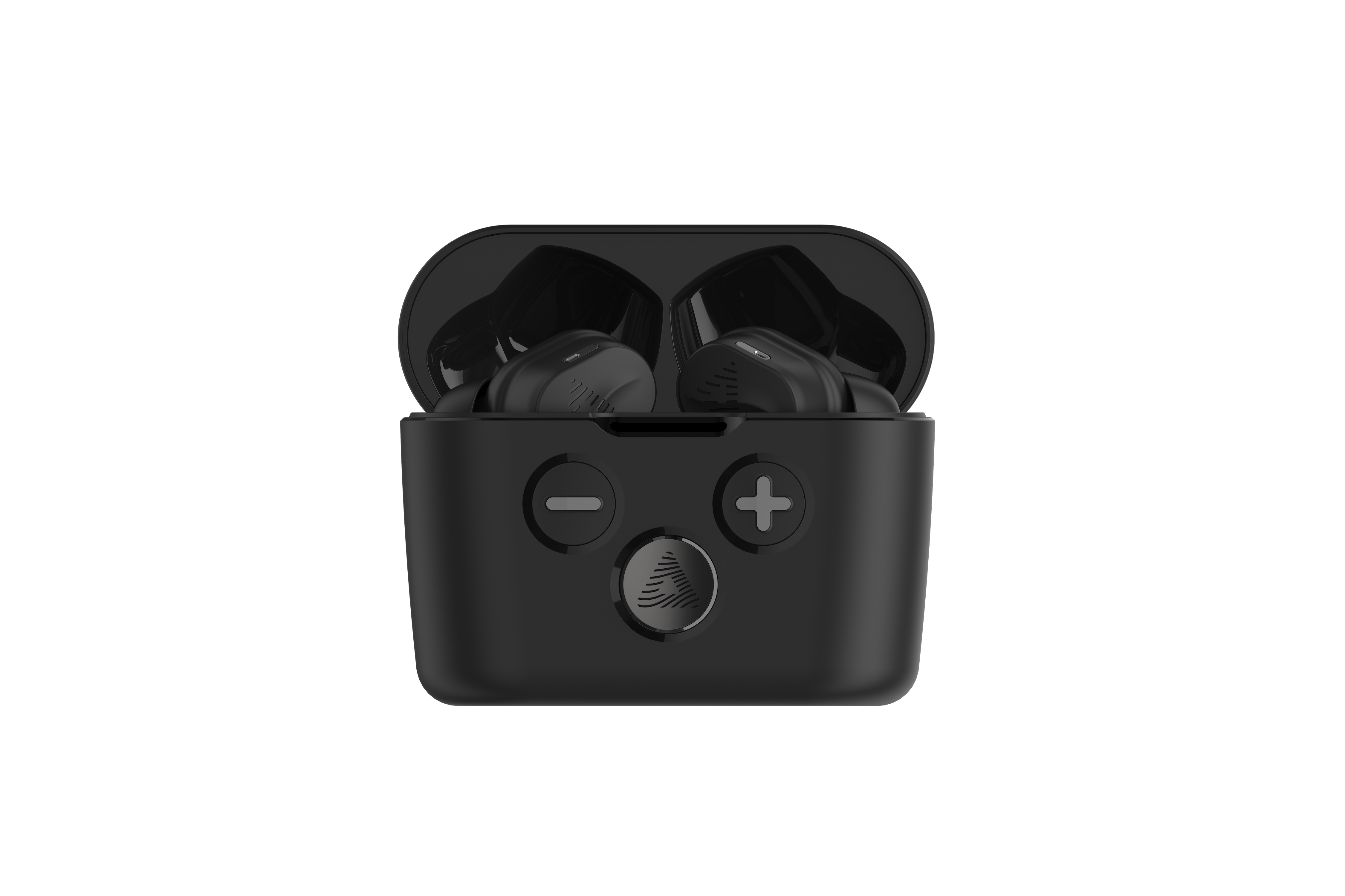 A pair of black Audeara Buds Noise Cancelling Aid (In-Ear) from Audeara sit in an open charging case with plus and minus buttons and a fingerprint-like logo, highlighting their personalised hearing experience against a white background.