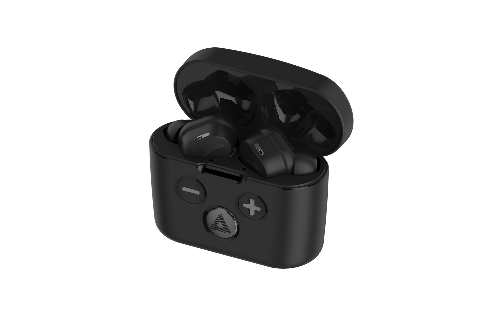 Audeara Buds Noise Cancelling Aid (In-Ear) by Audeara shown in an open charging case with plus and minus buttons, designed for personalised hearing, set against a plain white background.