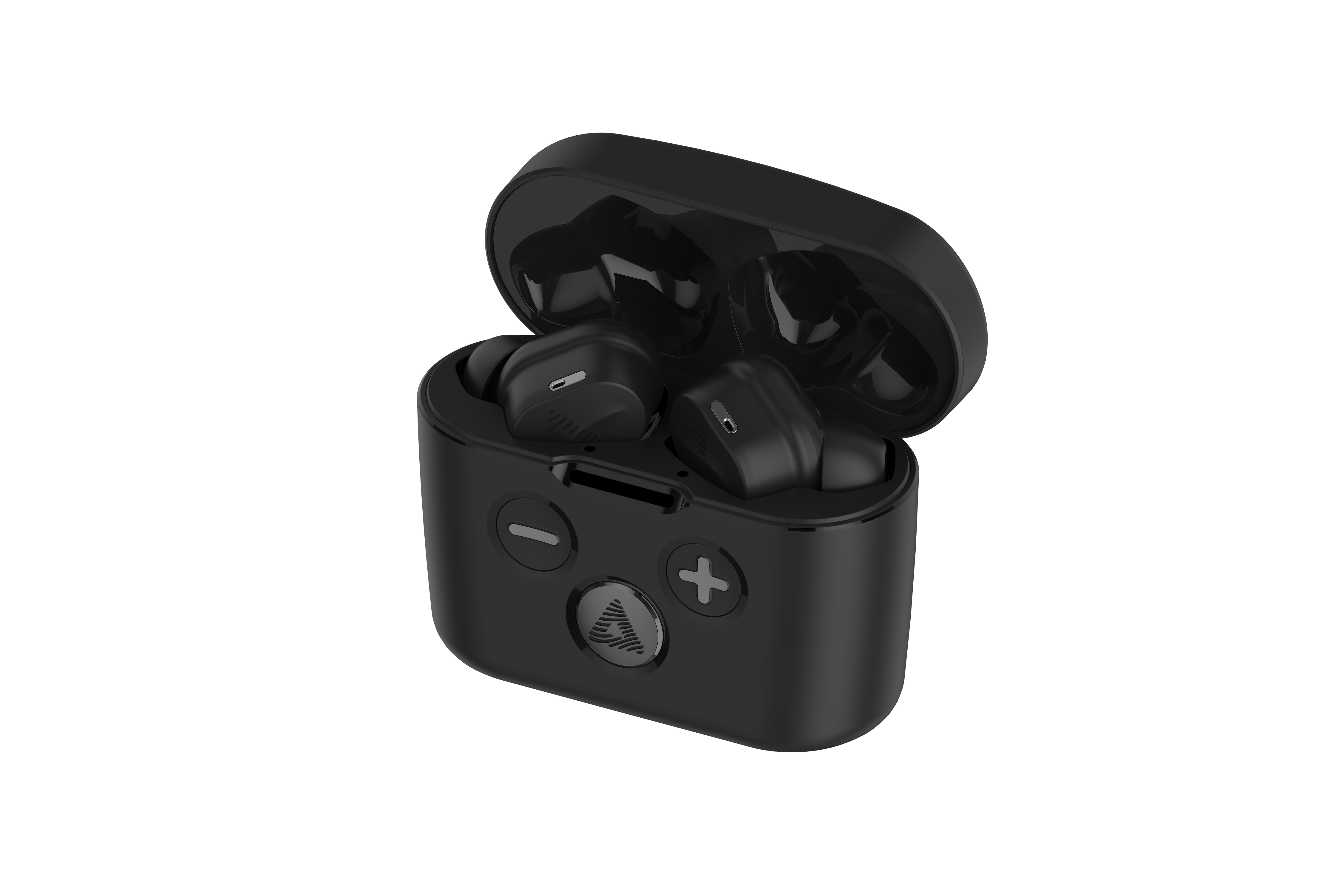 Audeara Buds Noise Cancelling Aid (In-Ear) by Audeara shown in an open charging case with plus and minus buttons, designed for personalised hearing, set against a plain white background.
