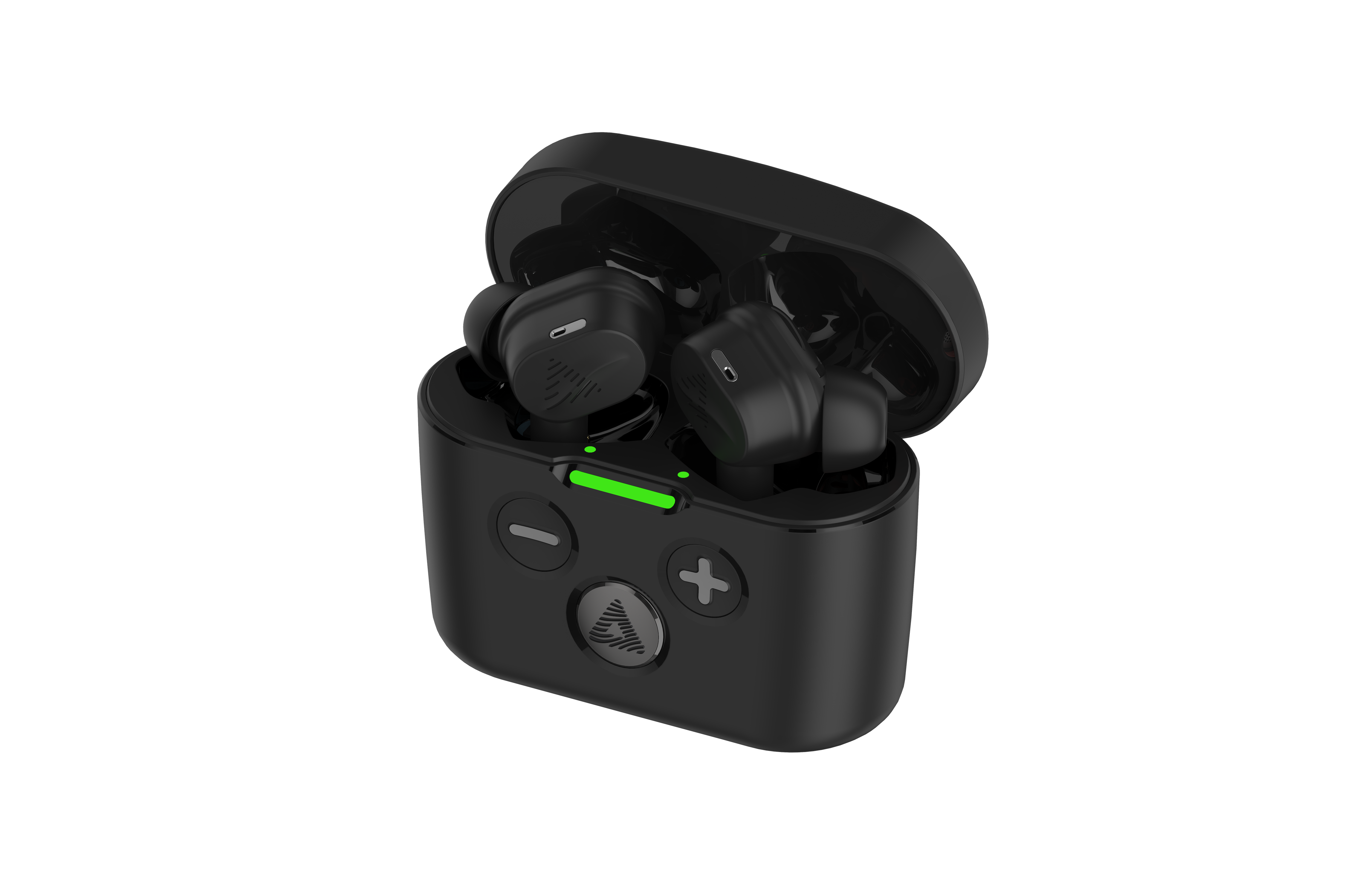 An open black Audeara Buds Noise Cancelling Aid (In-Ear) case by Audeara displays two earbuds inside, with a green LED indicator, plus/minus buttons, and embossed logo on the front, all set against a plain white background.