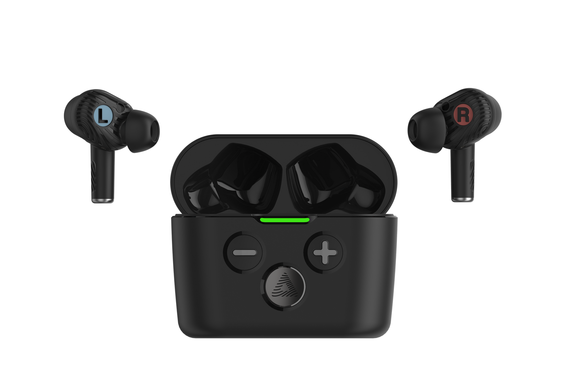 A pair of black Audeara Buds Noise Cancelling Aid (In-Ear) earbuds, labeled L and R, appear above an open charging case with + and − buttons and a green light, delivering a personalised hearing aid experience.