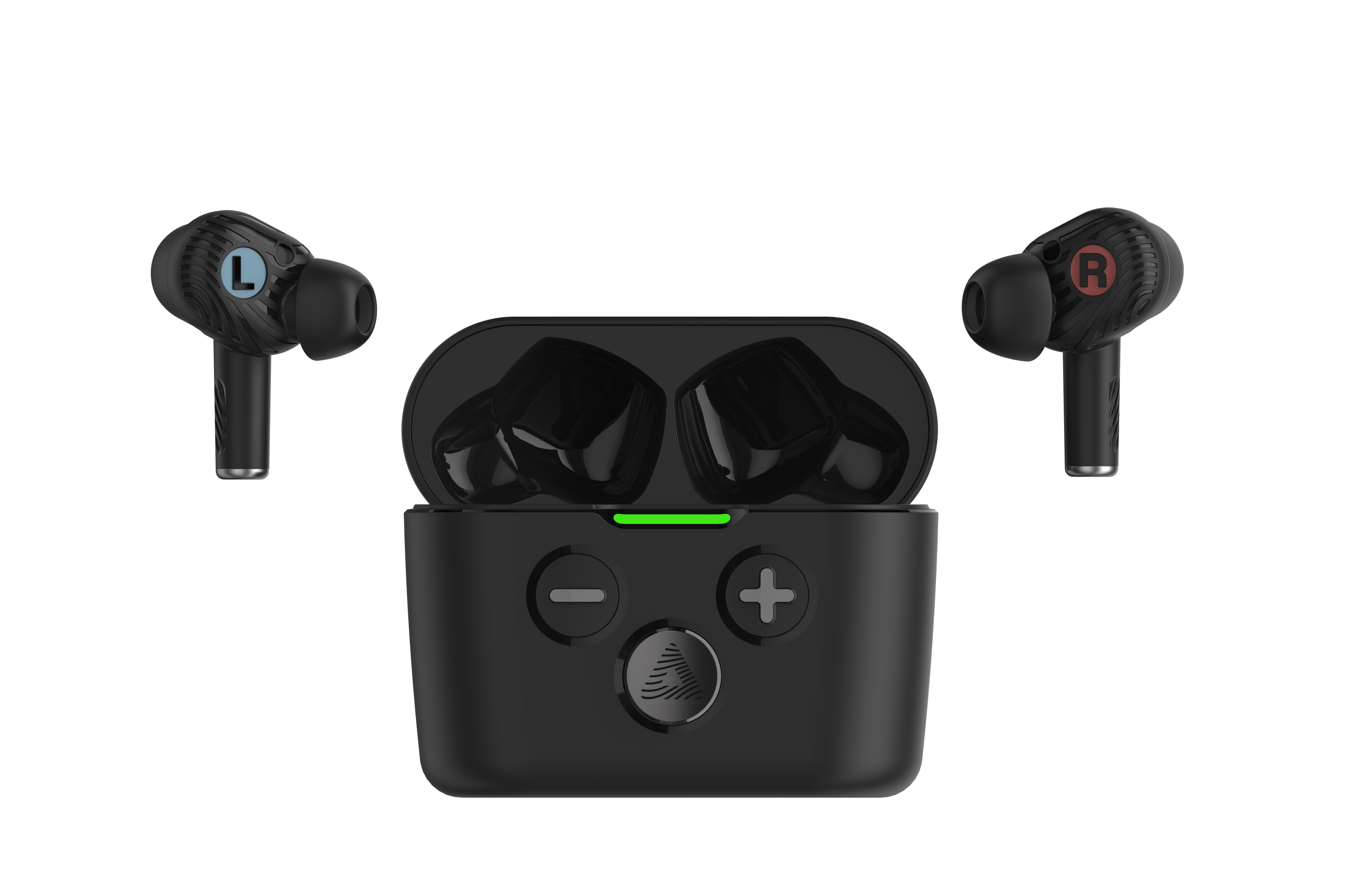 A pair of black Audeara Buds Noise Cancelling Aid (In-Ear) earbuds, labeled L and R, appear above an open charging case with + and − buttons and a green light, delivering a personalised hearing aid experience.