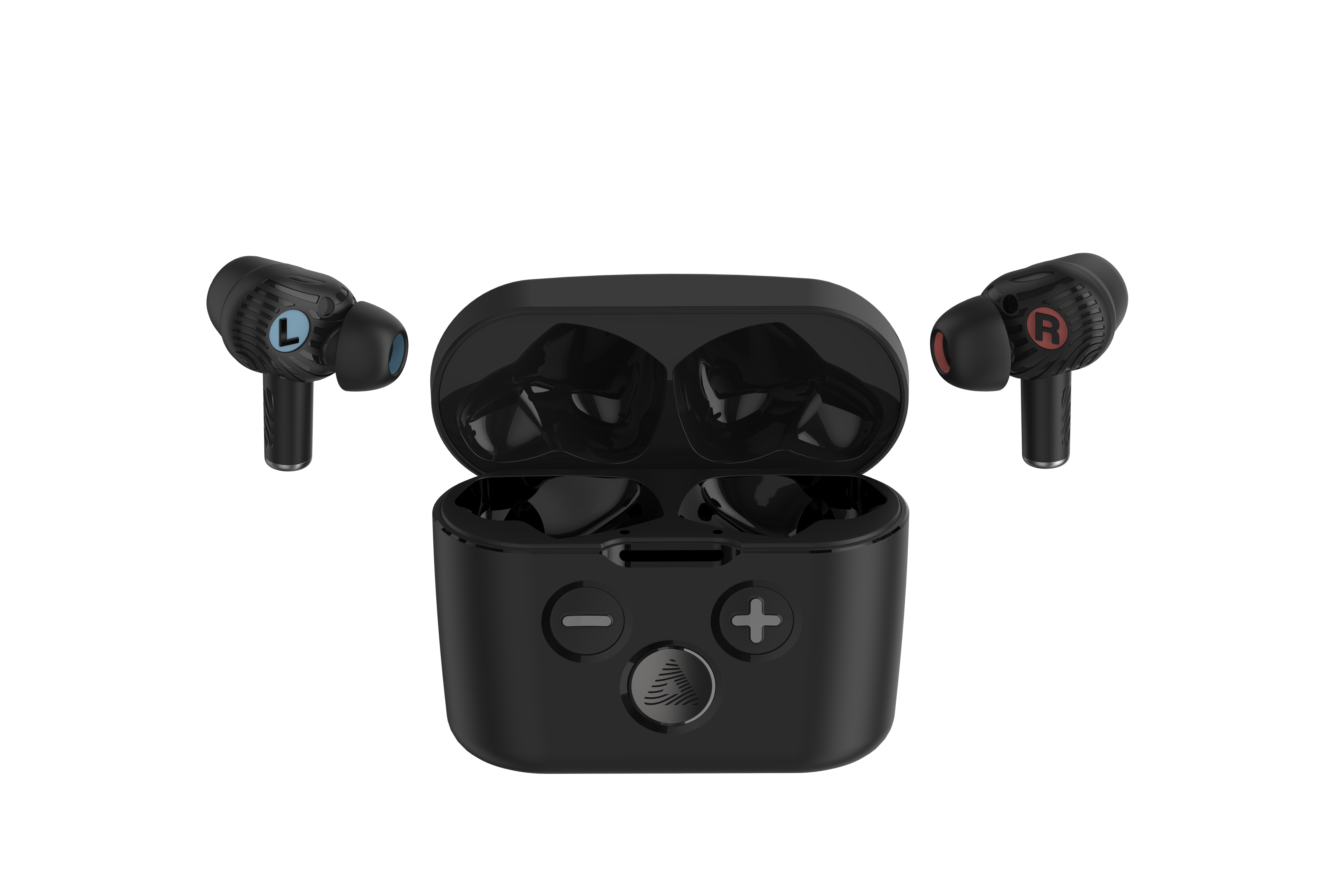 A pair of black Audeara Buds Noise Cancelling Aid (In-Ear) from Audeara, labeled L and R, rest in an open black charging case with plus, minus, and fingerprint icons—designed for personalised hearing and enhanced listening aid experience.
