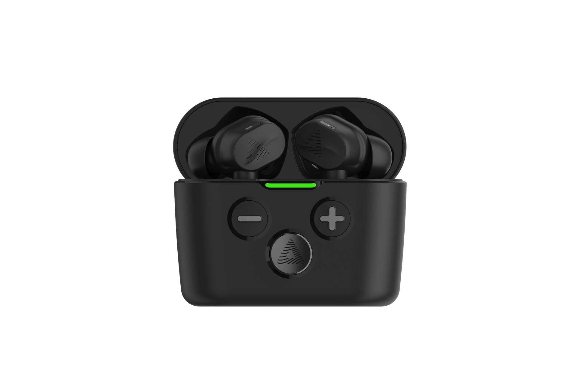 A pair of black Audeara Buds Noise Cancelling Aid (In-Ear) earbuds by Audeara are shown in an open black charging case with plus and minus buttons, a central logo, and green indicator—offering personalised hearing as a discreet listening aid.