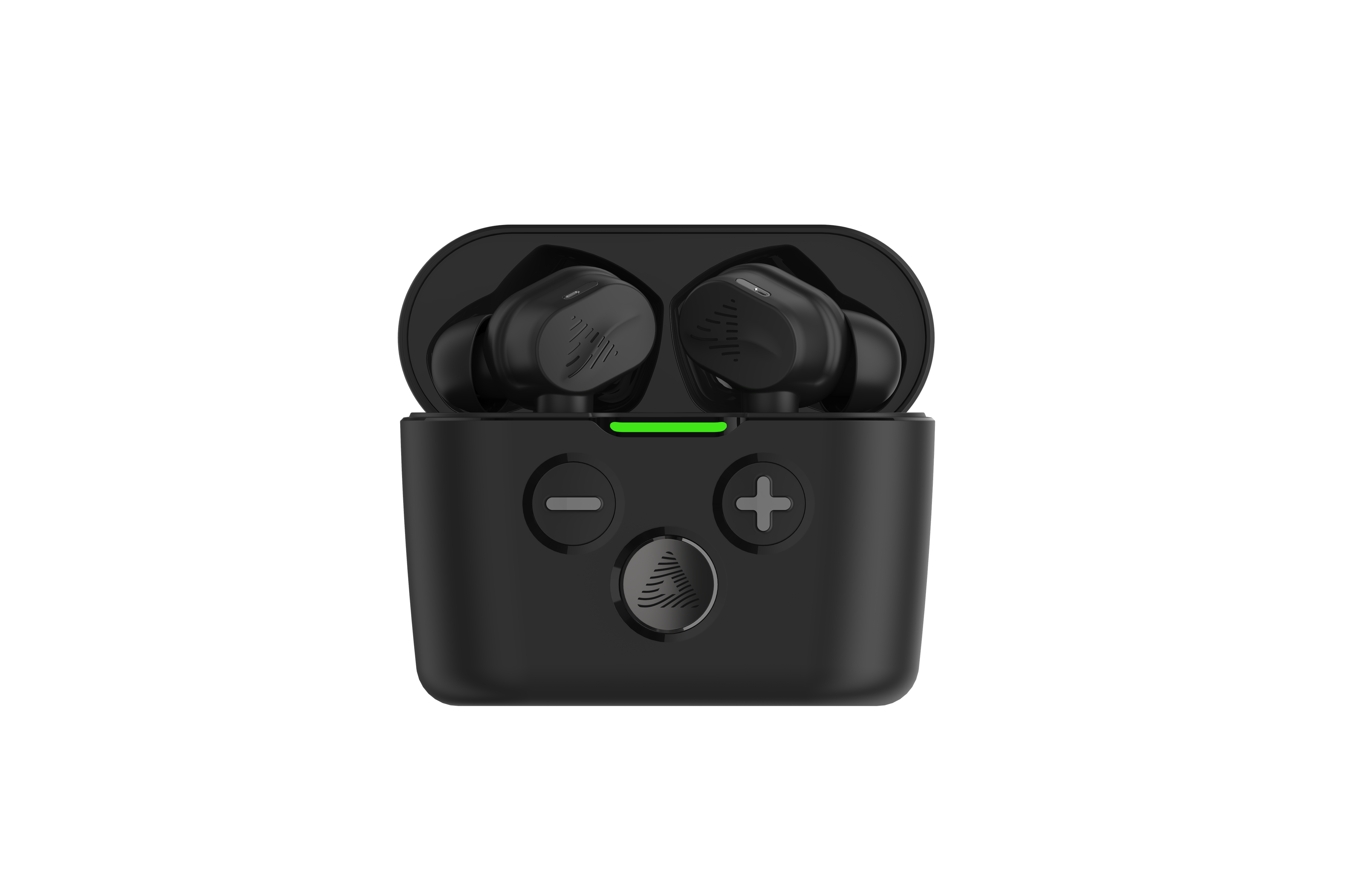 A pair of black Audeara Buds Noise Cancelling Aid (In-Ear) earbuds by Audeara are shown in an open black charging case with plus and minus buttons, a central logo, and green indicator—offering personalised hearing as a discreet listening aid.