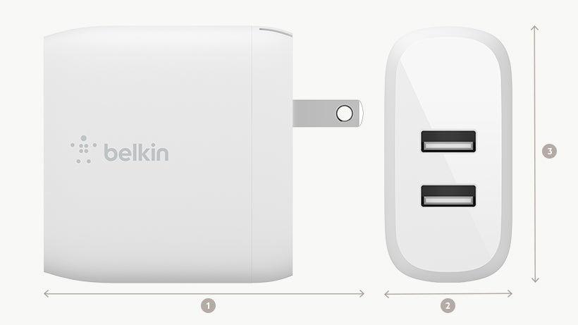 A Belkin 24W Dual USB-A Power Adapter is shown from the front and side, displaying two USB ports and gray arrows for width, depth, and height. This white Belkin charger delivers efficient power for your devices.